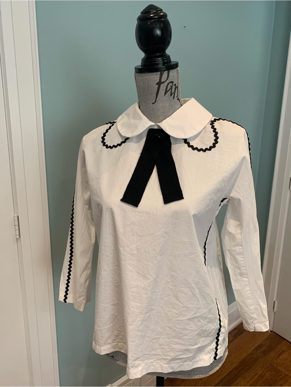 Pink Tartan Women’s White Blouse with Black Trim and Bow